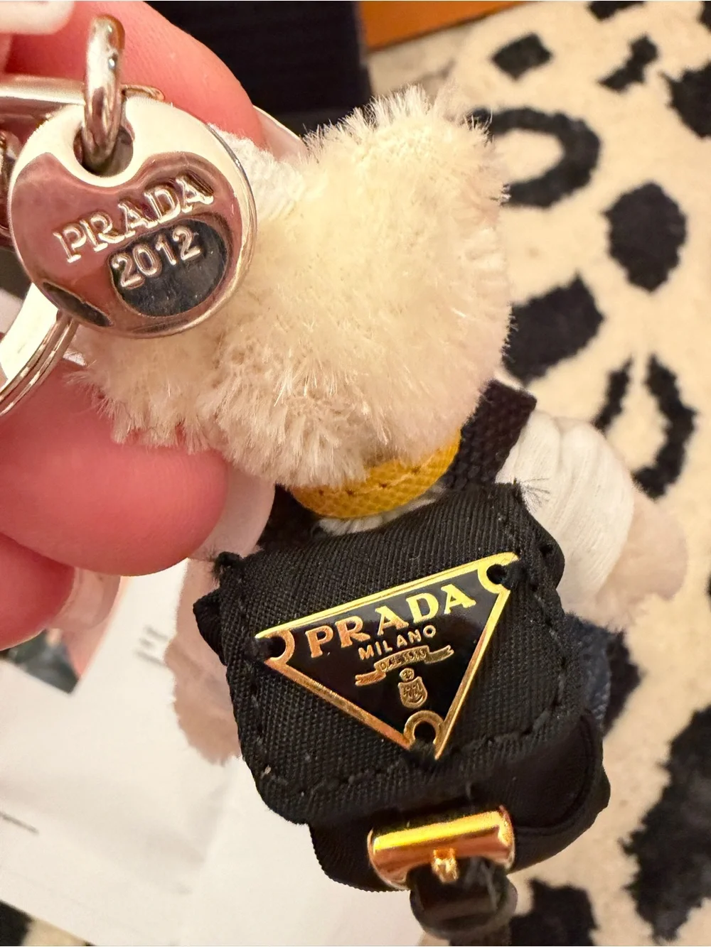 Prada Triangle Plate Bear Backpack with sunglasses Acrylic Ivory White Keychain